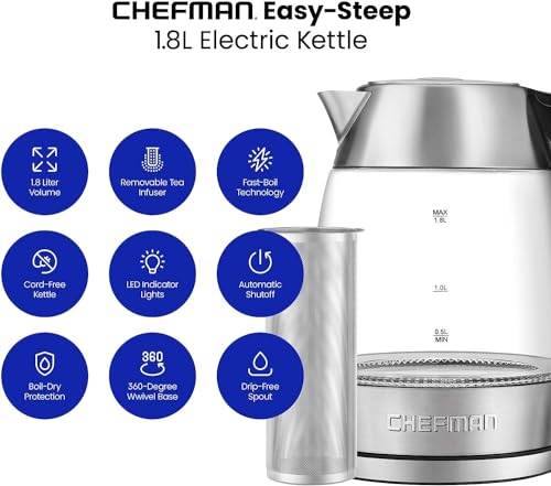 Chefman Tetera con Jarra de Cristal | Hervidor Eléctrico de 1.8 Litros | Base de 360 Grados | Acero inoxidable