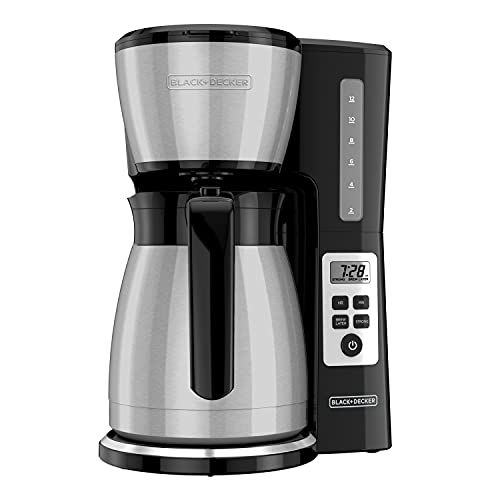 BLACK+DECKER - Cafetera térmica programable de 12 tazas con fuerza de infusión y tecnología VORTEX, color negro y acero