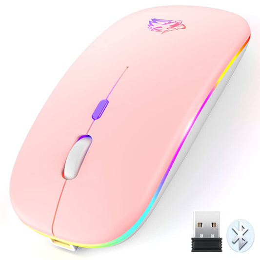 Free wolf X15 Mouse Inalámbrico, Mouse Bluetooth y 2.4GHz Modos Dual Recargable y Ergonómico, Click Silencioso con Receptor USB 3 Ajustable dpi Ratón para Computadora, Portátil, PC, Mac (Rosa)