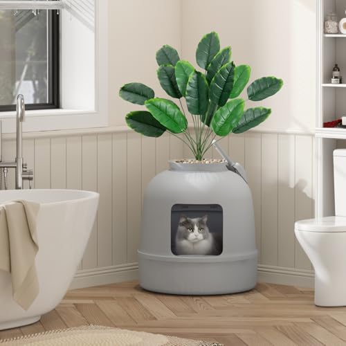 Lifewit Caja de Arena con Planta sintética y Pala para Gatos Grandes, Bandeja de Arena Oculta en Esquina con Control de olores y Filtro de Carbono en salón/Dormitorio/baño, Gris