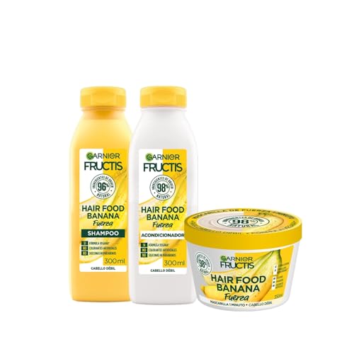 Kit Garnier Fructis Hair Food Banana Rutina Completa Fuerza para cabello débil: Shampoo, acondicionador y mascarilla, 3 piezas