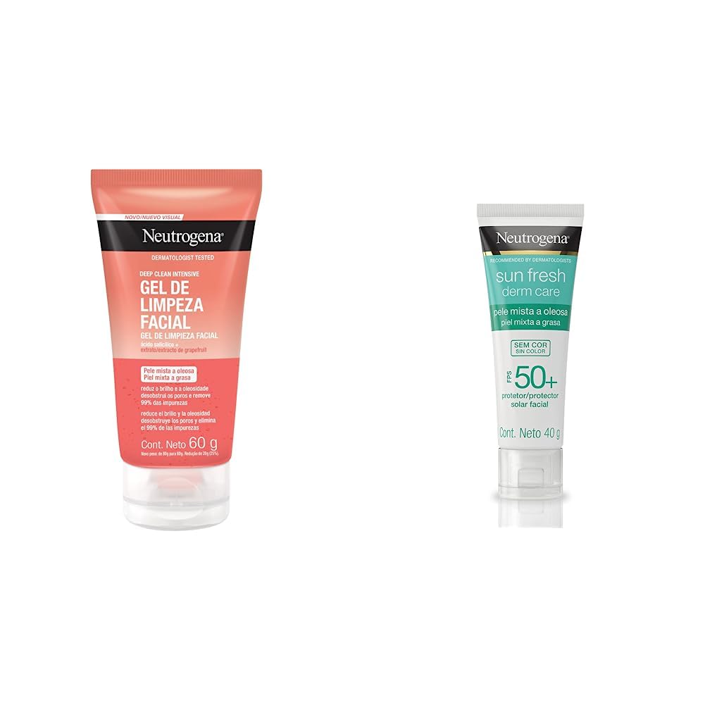 Gel Limpiador Facial Neutrogena Deep Clean Intensive Toronja Ácido Salicílico 60 ml + Sun fresh Protector Solar Facial sin color Dermcare Niacinamida FPS50+, 40g