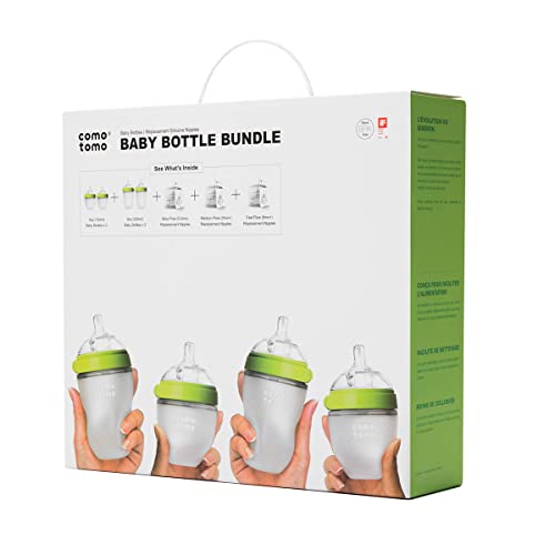 Comotomo Bundle de 4 Biberones de 2 X 150 Ml, 2 X 250 Ml, Anillo Verde, 3 Set de Tetinas Repuesto