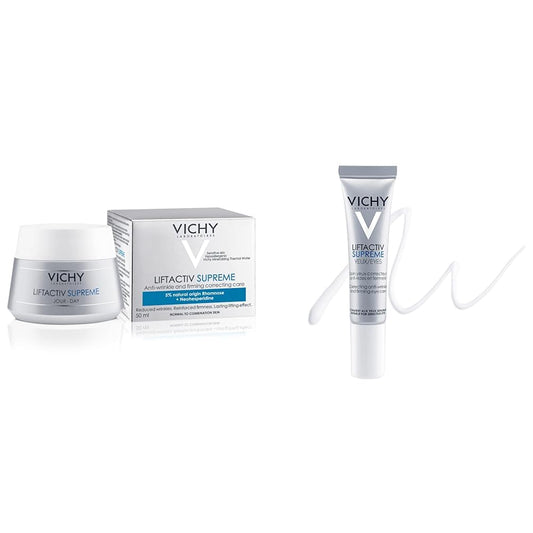 Vichy Liftactiv Crema de día anti-edad efecto lifting 50ml + LiftActiv Crema para Contorno de Ojos - antiarrugas y reafirmante, con Ramnosa y cafeína actúa en arrugas, párpados, bolsas y ojeras.