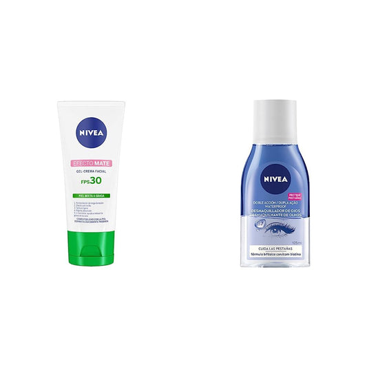 Nivea Crema Hidratante Facial Fps 30 Efecto Mate, 50ml + Desmaquillante facial Bifásico de Ojos (125 ml), Elimina la mascara y y maquillaje a prueba de agua, Enriquecido