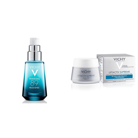 Vichy Minéral 89 Contorno de Ojos - Gel con Ácido hialurónico y Cafeína pura, alisa, hidrata e ilumina, sin fragancia, para piel sensible. + Liftactiv Crema de día anti-edad efecto lifting 50ml