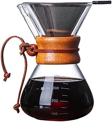JoalGfda 400ml New Juego de cafetera Pour Over, jarra de vidrio sin papel con filtro de acero inoxidable 304, cafetera de vidrio reutilizable, goteador de café manual, goteo manual