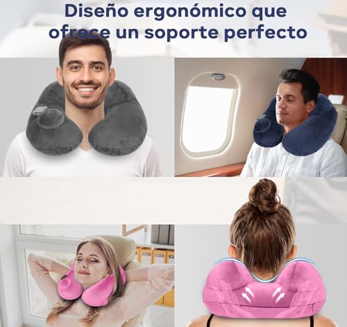 Almohada de Viaje 4 en 1, Almohada de Cuello,Almohada Avion Viaje Inflable con Máscara de Ojos,Tapones para Los Oídos Ruidosos,Bolsa con Cordón, Soporte de Cuello,para Avión,Oficina, Automóviles,Hogar