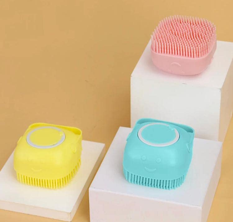 Cepillo de baño para perros y gatos, cepillo de champú de silicona suave, cepillo de masaje para mascotas, cepillo de ducha de aseo, cepillo de masaje para cachorros, dispensador de champú. (Yellow)