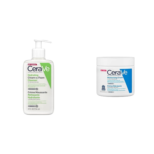 CeraVe Limpiadora Crema-Espuma Hidratante Facial Diaria para Piel Normal a Seca 236ml + Crema Hidratante |454gr| Hidrante diario para rostro y cuerpo para piel seca