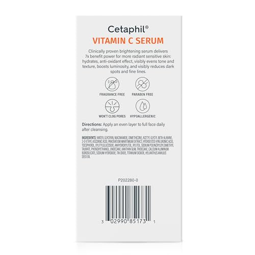 Cetaphil Suero De Vitamina C, Reduce Visiblemente La Apariencia De Manchas Oscuras E Hiperpigmentación, Formulado Con Niacinamida, Diseñado Para Pieles Sensibles, Sin Fr Blanco 1 Onza Líquida (Paquet