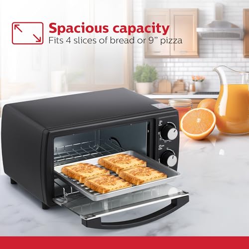 Holstein Housewares - Horno tostador de encimera de 4 rebanadas con temporizador de 60 minutos, incluye bandeja y estante de alambre, perfecto para hornear, asar y tostar, diseño compacto en negro