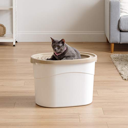 IRIS USA Caja de Arena para Gatos de Entrada Superior Redonda y Sencilla Grande con Pala, Bandeja de Arena Curva con Cubierta que Captura Partículas de Arena y Paredes de Privacidad, Blanco/Beige