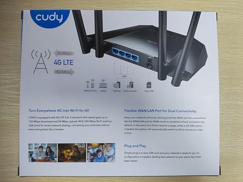 Cudy N300 WiFi desbloqueado 4G LTE Router módem con ranura para tarjeta SIM, WiFi de 300 Mbps, LTE Cat4, EC25-AFX Qualcomm Chipset, 5dBi Antenas de alta ganancia, FDD, DDNS, VPN, Cloudflare, Plug and