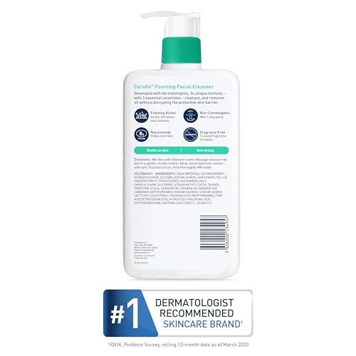 Limpiador facial de espuma CeraVe para el lavado diario de la cara, CeraVe Foaming Facial Cleanser | 16 Ounce | Daily Face Wash for Normal to Oily Skin | Paraben & Fragrance Free, 16 Fl. Oz