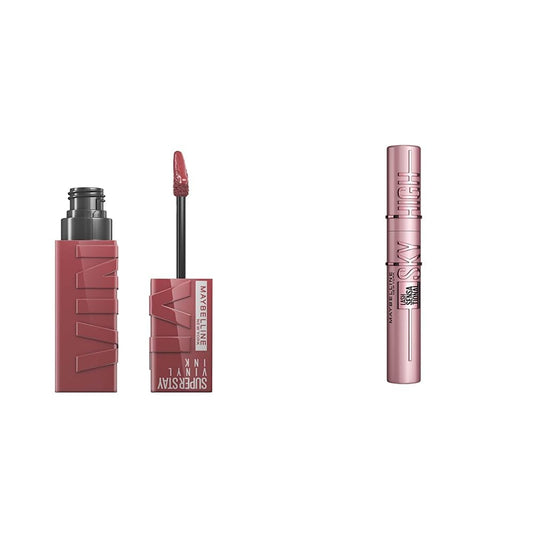 Labial líquido brillante Maybelline Super Stay Vinyl Ink Witty + Mascara lash sensational sky high lavable Negro