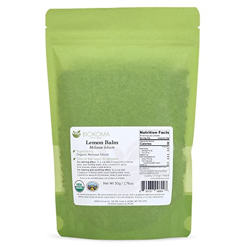Bálsamo de limón Biokoma 100% puro y orgánico (Melissae folium) hojas secas, 50 g, en bolsa resellable a prueba de humedad