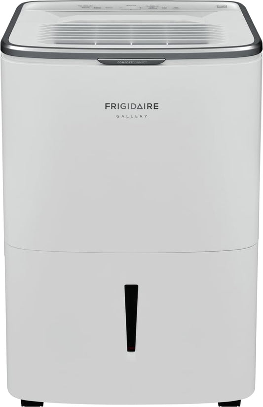 Frigidaire Deshumidificador conectado Wi-Fi de 50 pintas, cobertura de 4.500 pies cuadrados, ideal para habitaciones grandes y sótanos, capacidad de cubeta de 1.7 galones, opción de drenaje continuo