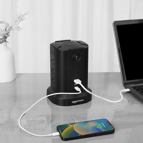 Amazon Basics Power Strip Tower Surge Protector 1080J, 9 Outlet, USB-C, 2 USB-A Port, 15A, 6ft Cord