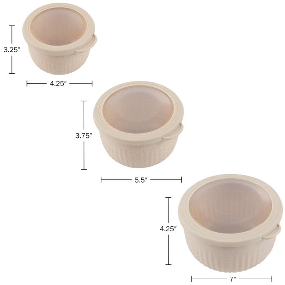 Classic Cuisine - Juego de 3 cuencos con tapas - Cuencos para mezclar aptos para microondas, congelador y nevera - Esenciales ecológicos de cocina (beige), S, M, L