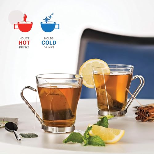 Bormioli Rocco Oslo - Vasos de vidrio para Cappuccino, juego de 4 | Vidrio templado, manijas ergonómicas de acero inoxidable, aptas para lavavajillas | Para bebidas de café, bebidas, Latte, Macchiato, Espresso, Mocha y más