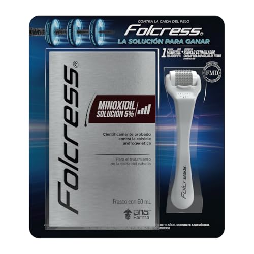 Folcress, Solución Minoxidil 5% - Tratamiento Anticaída para Hombres, Estimula el Crecimiento Capilar, Cuidado del Cabello - 60 ml + Rodillo Capilar