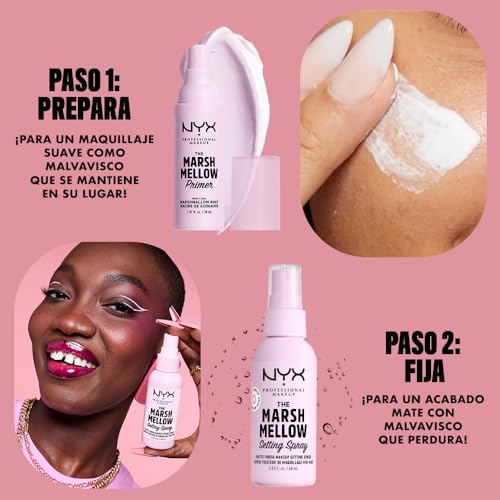 NYX Professional Makeup, Spray fijador de maquillaje 10 en 1 acabado mate, Marshmellow Setting Spray, 60ml. Matifica, suaviza, minimiza poros, prolonga la duración del maquillaje durante 16 horas, fórmula vegana