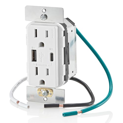 Leviton T5634-W 60W (20V a 2.5A+ 5V a 2A) Cargador USB de Doble Tipo A/Tipo-C para Entrega de energía en la Pared con Toma de 15A Resistente a manipulaciones, Cargador USB para Smartphones, tabletas,