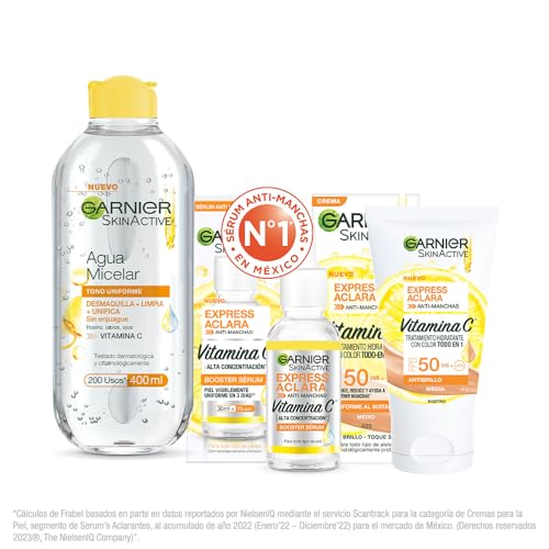 Kit Garnier Express Aclara Rutina anti manchas con Vitamina C: Sérum facial, agua micelar y todo-en-1 tono medio con FPS, 3 piezas. Hidrata, ilumina y unifica el tono de la piel