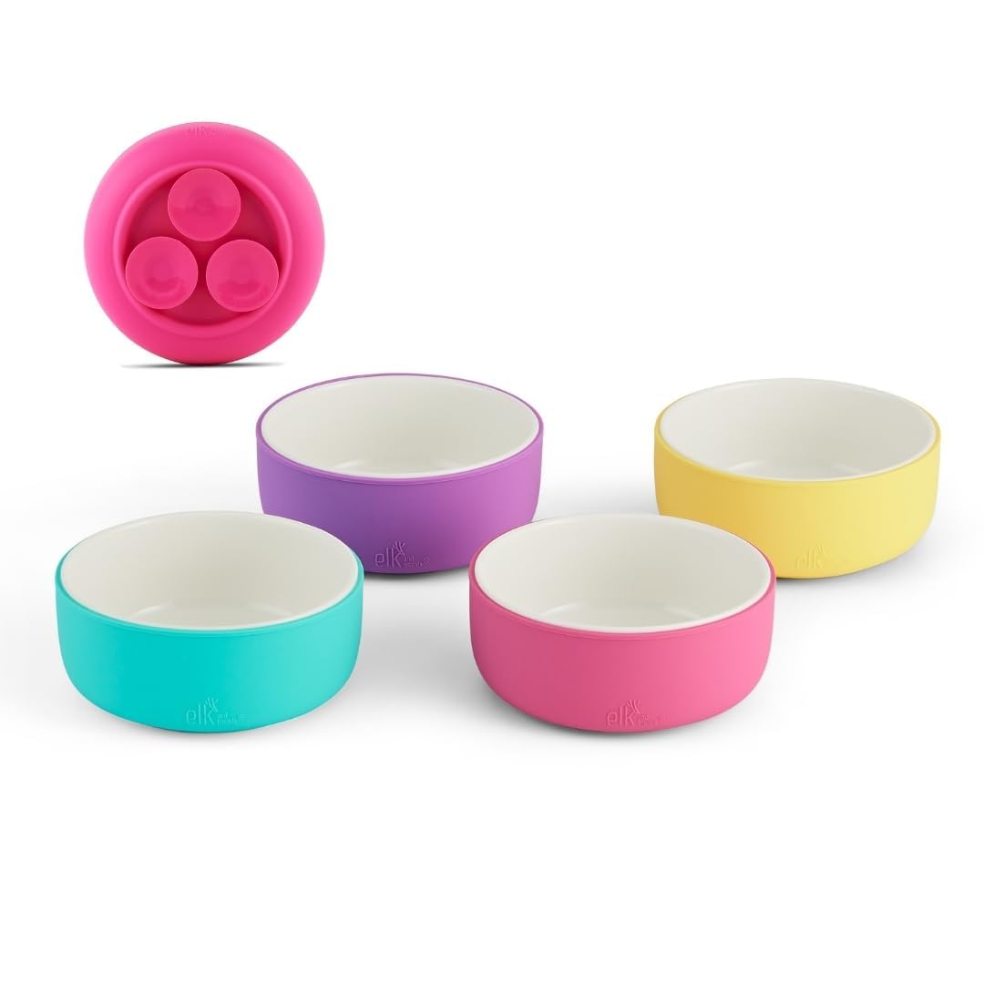 Elk and Friends Cuencos de porcelana para niños con manga de succión de silicona | Alimentación para niños/bebés/niños pequeños | Apto para microondas y lavavajillas | Antideslizante | Platos y