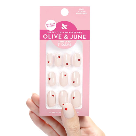 Olive & June Uñas postizas Classic Super Stick Mani | No se necesita pegamento | 32 pestañas, 16 tamaños | Pestañas no tóxicas, fáciles de poner y quitar, aspecto realista que no daña las uñas | Durac