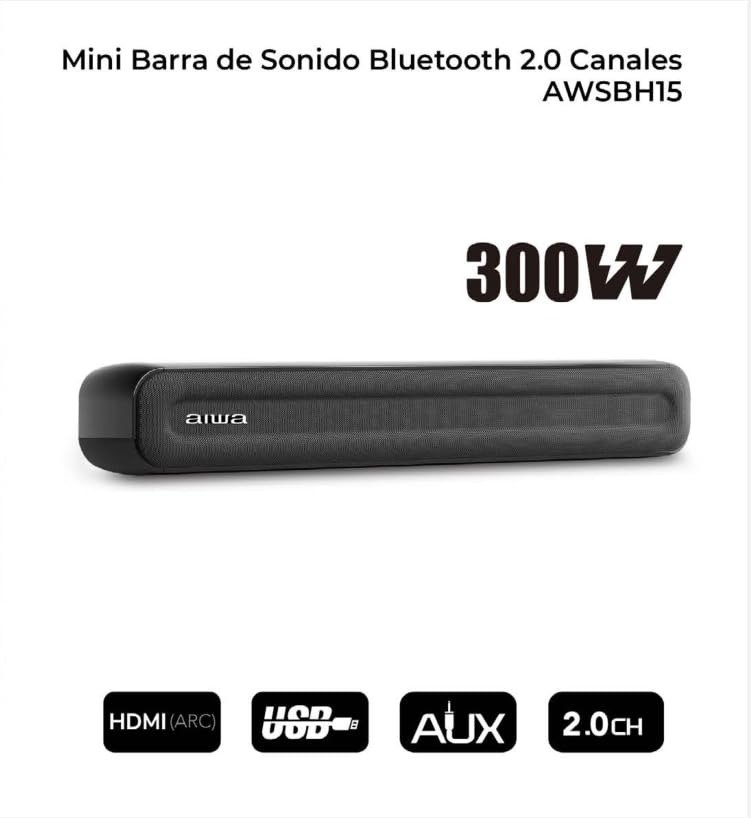 Barra de Sonido Aiwa AWSBH15 Negro 2.0Ch 300W con Bluetooth y Conectividad Versátil para TV