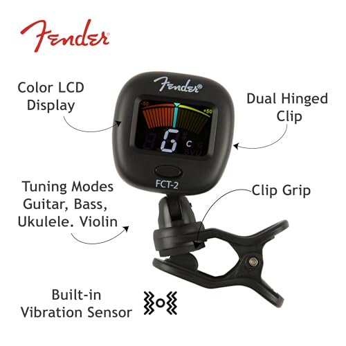 Fender FT-2 Pro Clip On Sintonizador con visualización en color para Guitarra Acústica, Guitarra eléctrica, ukelele, mandolina, violín,, Viola, Cello, mandola, de graves y Banjo