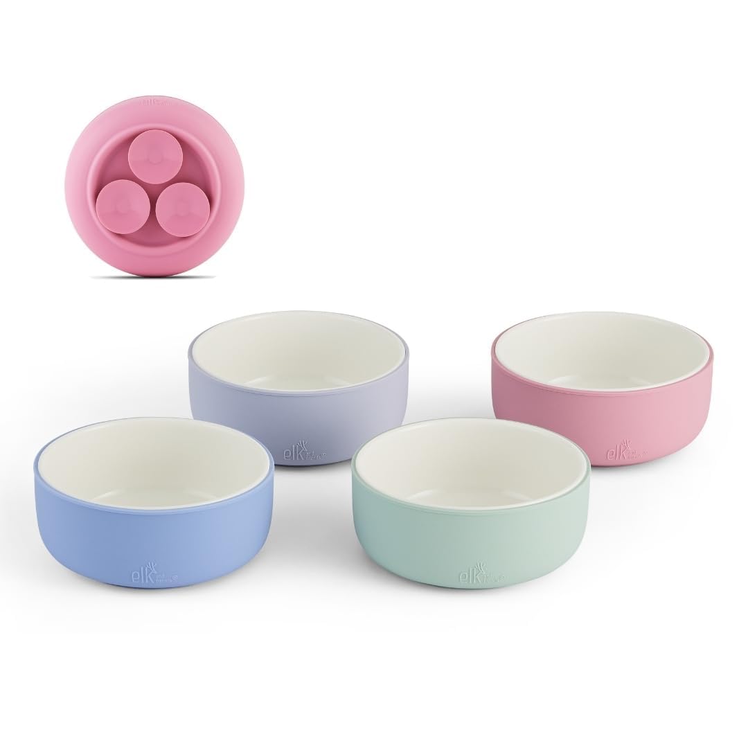 Elk and Friends Tazas de porcelana para niños con mangas de succión de silicona | Adecuadas para bebés/niños pequeños | Apto para microondas y lavavajillas | Vajilla que se queda en su lugar | Tazas