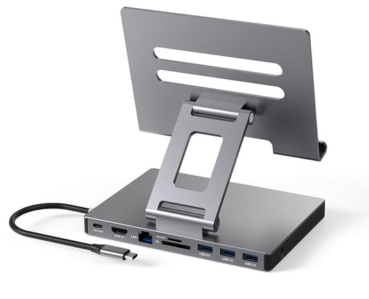 iPad Pro USB C Hub Stand, 9-in-1 Adapter for iPad Pro M4 M2 13 12.9 11 Inch Docking Station Foldable with 4K 60Hz HDMI, RJ45 Gigabit Ethernet, SD/TF Card Reader, 3 USB 3.0, 3.5 mm Audio, iPad Air