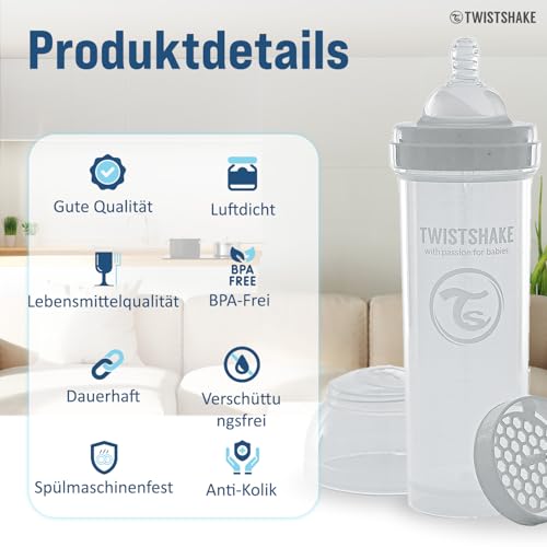 Biberón Anticólicos Twistshake Blanco de 330 ml con Tetina de Silicona Similar al Pecho para Lactancia Normal