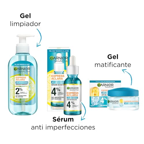 Kit Garnier Express Anti Imperfecciones para piel grasa con Ácido Salicílico + Vitamina C: Gel Limpiador Facial + Serum anti acne + Crema Facial Hidratante Matificante en Gel
