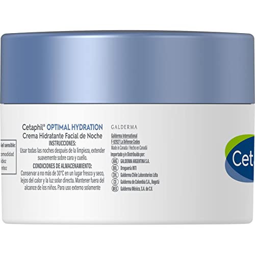 CETAPHIL Optimal Hydration Loción Hidratante Facial de Noche 1 pz 48 g Ácido Hialurónico Aumenta Hidratación 50% Recomendada por Dermatólogos para Piel Sensible