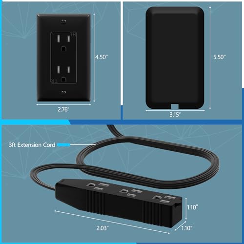 LIDER Extensor de salida de cara plana con 3 receptáculos, enchufe de placa de pared ultrafino con extensor de cable y tira de alimentación de 3 tomas, cable de 3 pies, LWE3-315-BK2P, listado ETL