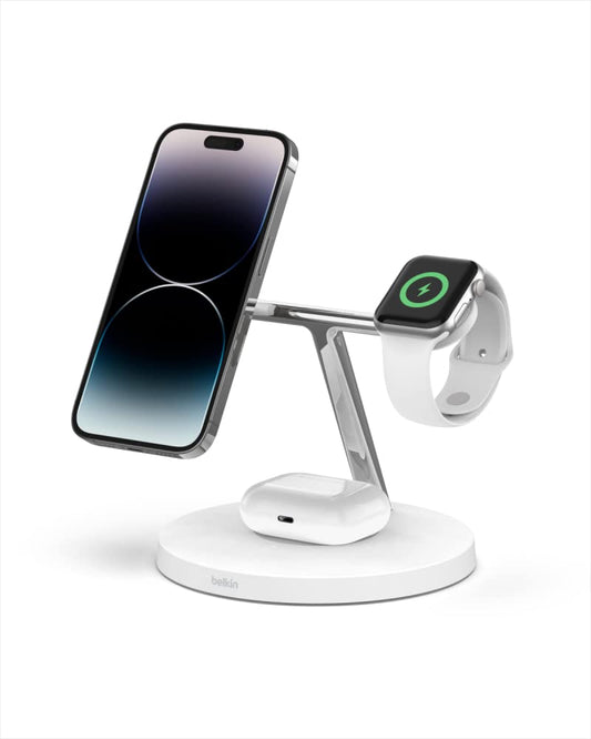 Belkin WIZ009TTWH Cargador inalámbrico 3 en 1 con MagSafe de 15 W, Blanco