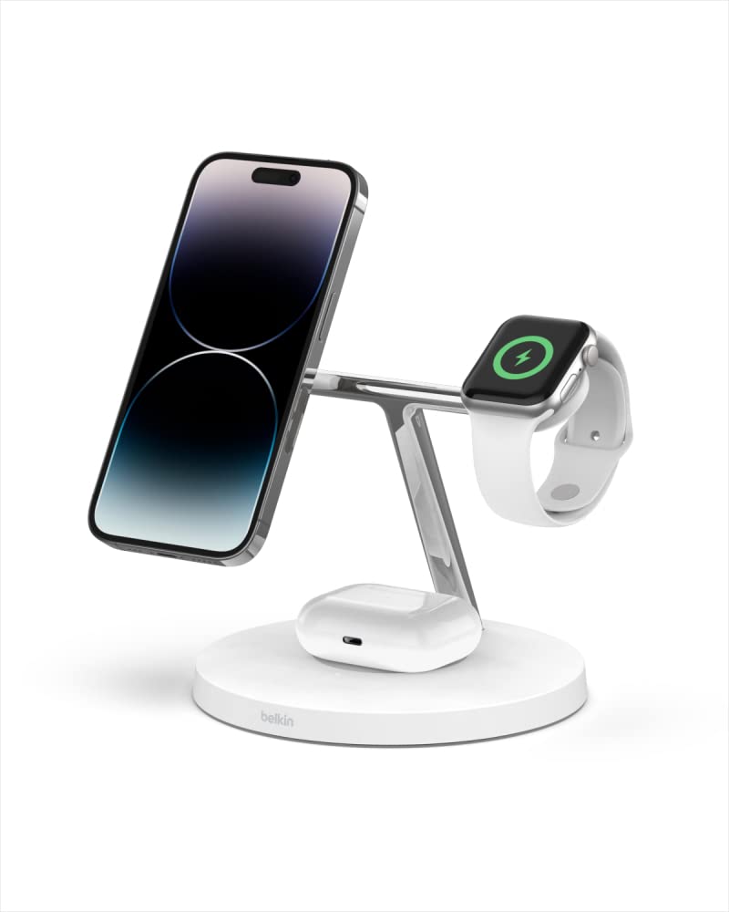 Belkin WIZ009TTWH Cargador inalámbrico 3 en 1 con MagSafe de 15 W, Blanco
