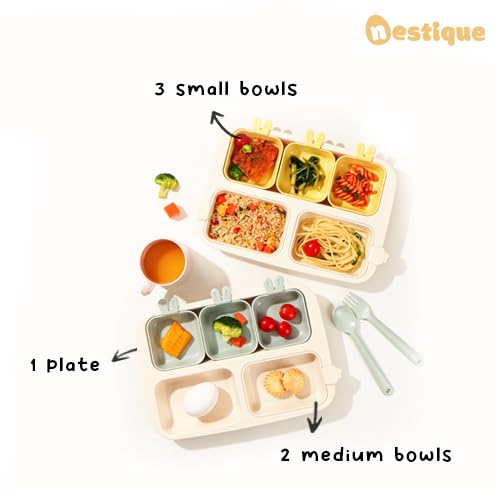 NESTIQUE Rabbit One Plate para bebés y niños pequeños, vajilla para niños sin BPA, diseño dividido, resistente al calor, apto para microondas y lavaplatos (azul cielo)