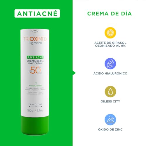 TRIOXIMED Crema Facial Antiacné 50 FPS 50 G | Protégete del sol y controla el acné | Ideal para piel grasa, tendencia al acné o piel mixta | Hidrata y matifica tu piel