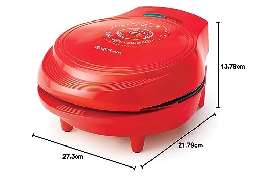 BETTY CROCKER Máquina para hacer donas, mini donas con superficie antiadherente, mini máquina para hacer donas con mango de tacto fresco y hace 7 deliciosas donas frescas en minutos, rojo