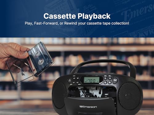 Reproductor de CD Portátil Emerson Negro con Cassette, Grabadora de Cinta, Radio AM/FM y Altavoces Duales