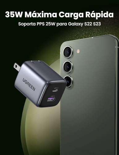 Cargador Tipo C UGREEN Nexode 35W GAN Negro con 2 Puertos para Galaxy S24/S23/S22, iPhone 16 15 14 Pro MAX, MacBook, iPad