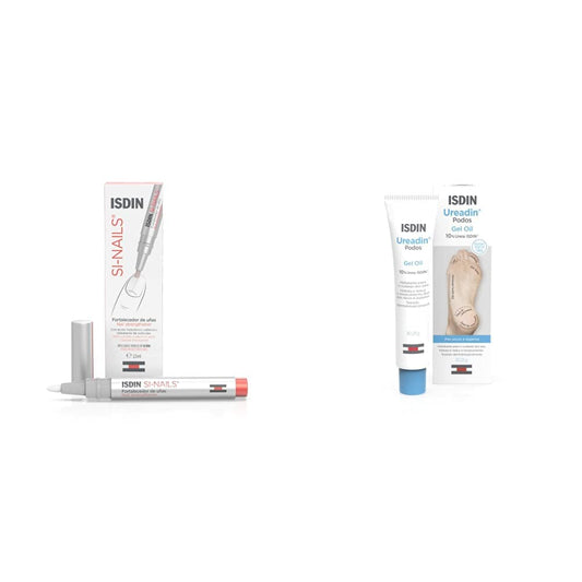 ISDIN SI-NAILS Fortalecedor con ácido hialurónico para uñas débiles y dañadas, hidrata también las cutículas, Acabado Invisible, 2.5 ml + Ureadin Podos Gel Oil, 75ml