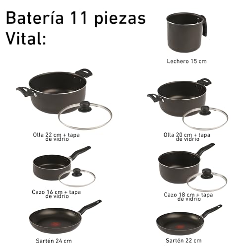 Batería de Cocina T-FAL Vital Negra Antiadherente Easy Plus de 11 Piezas