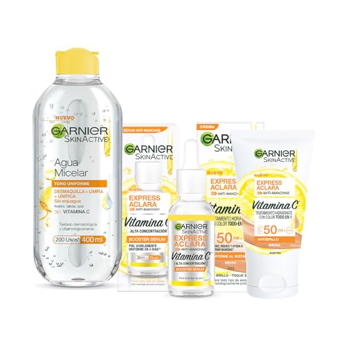 Kit Garnier Express Aclara Rutina anti manchas con Vitamina C: Sérum facial, agua micelar y todo-en-1 tono medio con FPS, 3 piezas. Hidrata, ilumina y unifica el tono de la piel