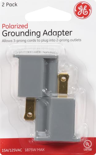 GE Extensor de toma de tierra polarizado, paquete de 2, convierte 2 puntas en 3, fácil de instalar, interior, con certificación UL, gris, 54302